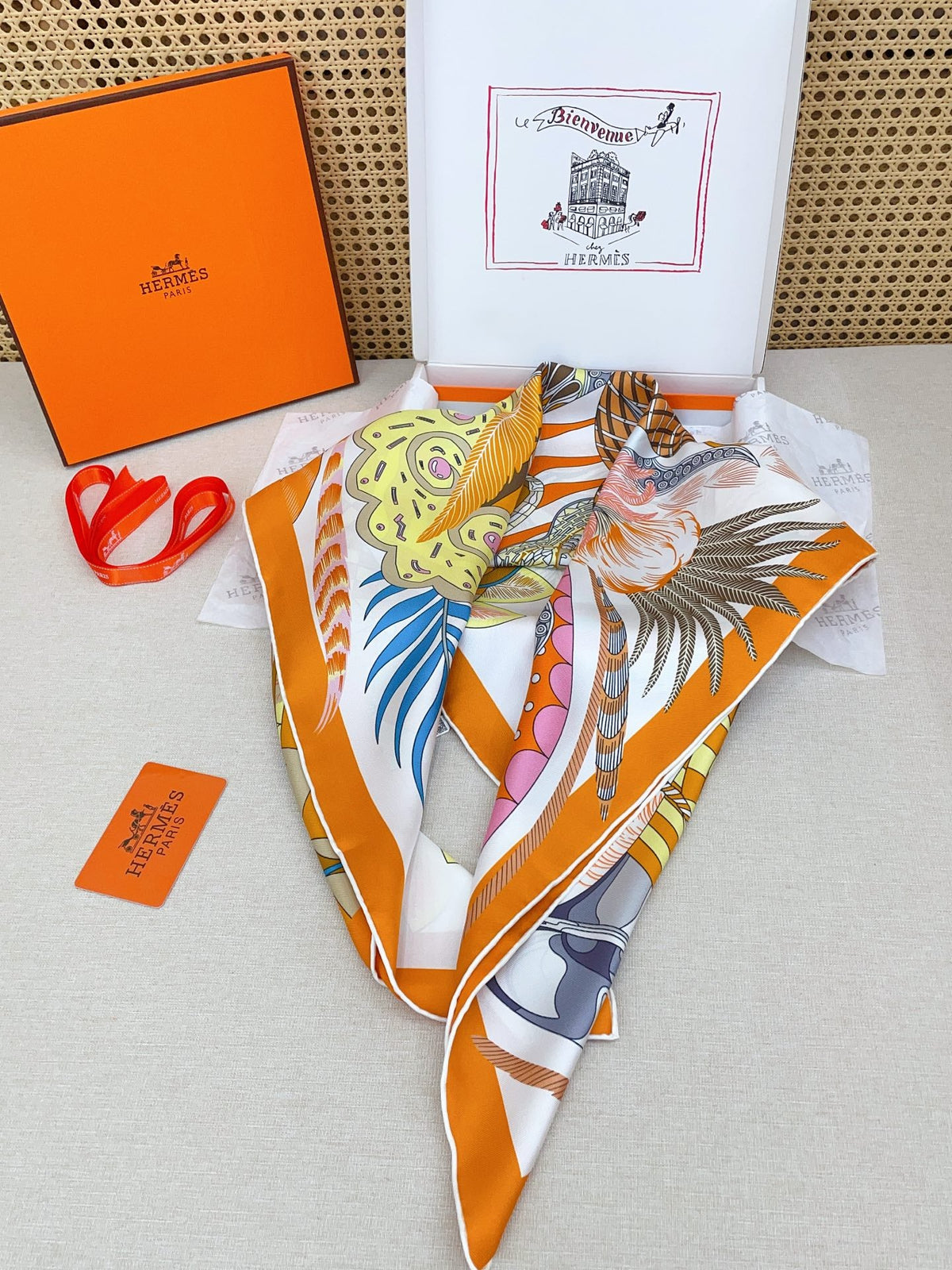 HM Cheval Masque Scarf 90x90 Orange Colorful Twill Silk 215226