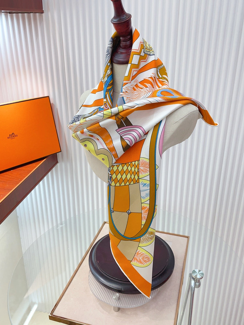 HM Cheval Masque Scarf 90x90 Orange Colorful Twill Silk 215226