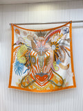 HM Cheval Masque Scarf 90x90 Orange Colorful Twill Silk 215226