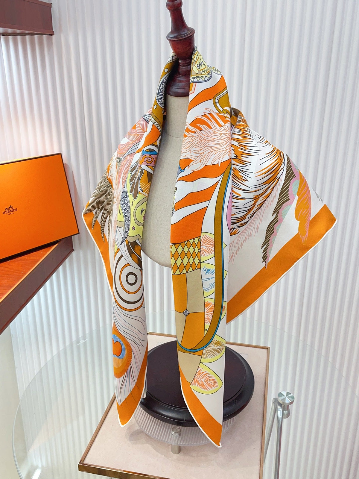 HM Cheval Masque Scarf 90x90 Orange Colorful Twill Silk 215226
