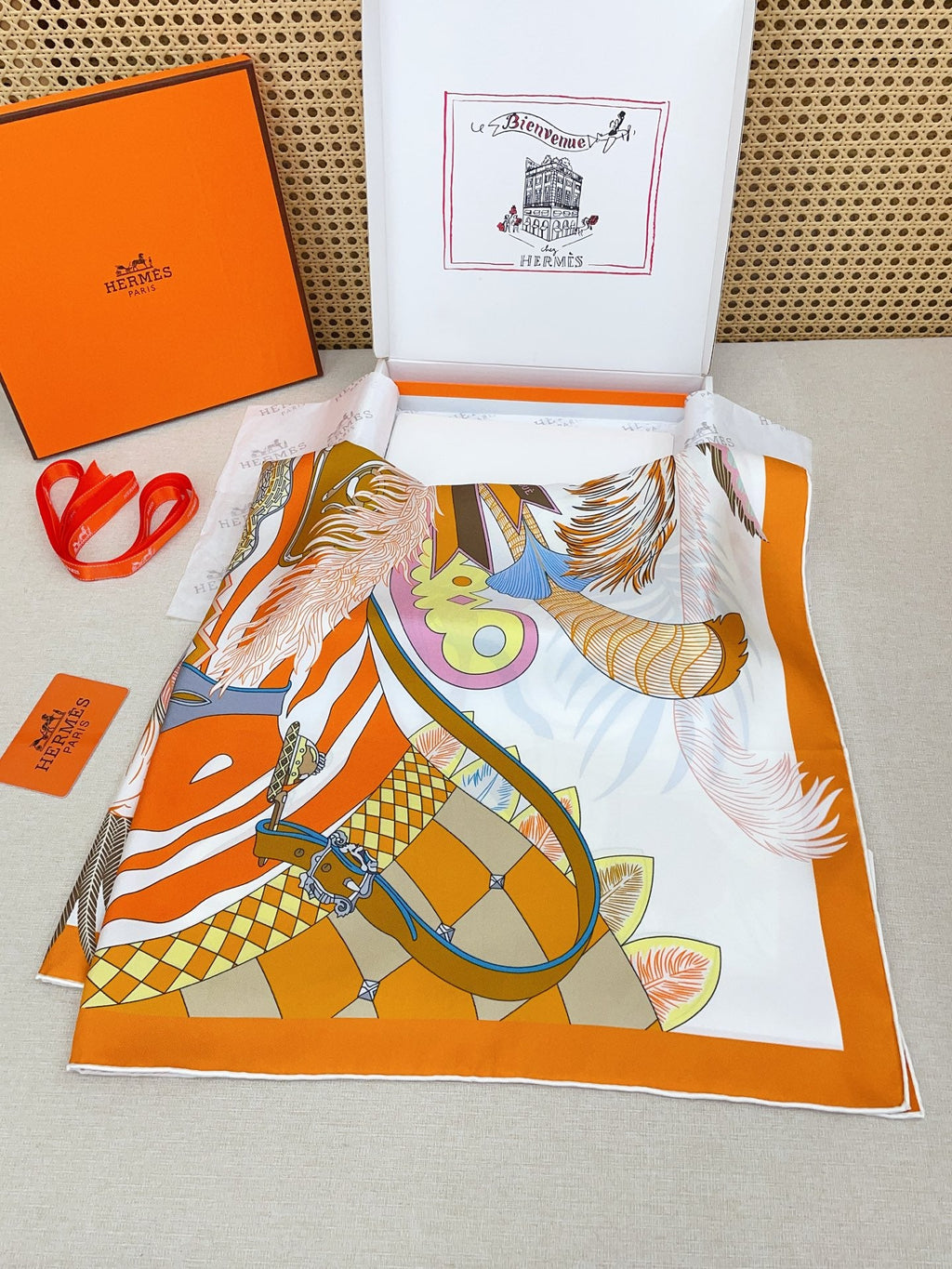 HM Cheval Masque Scarf 90x90 Orange Colorful Twill Silk 215226