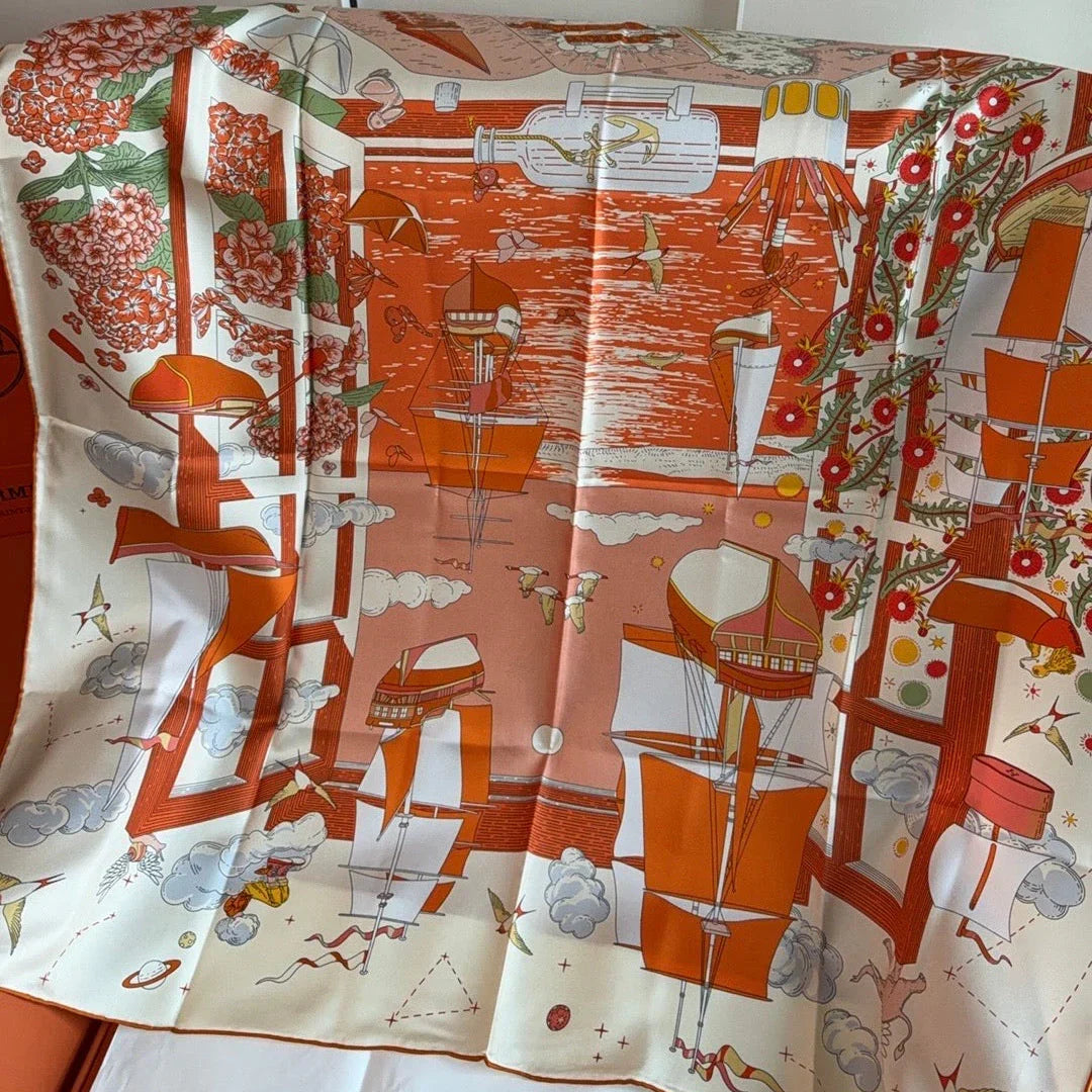HM 26s 90 Scarf Orange White Colorful Mulberry Silk 153382