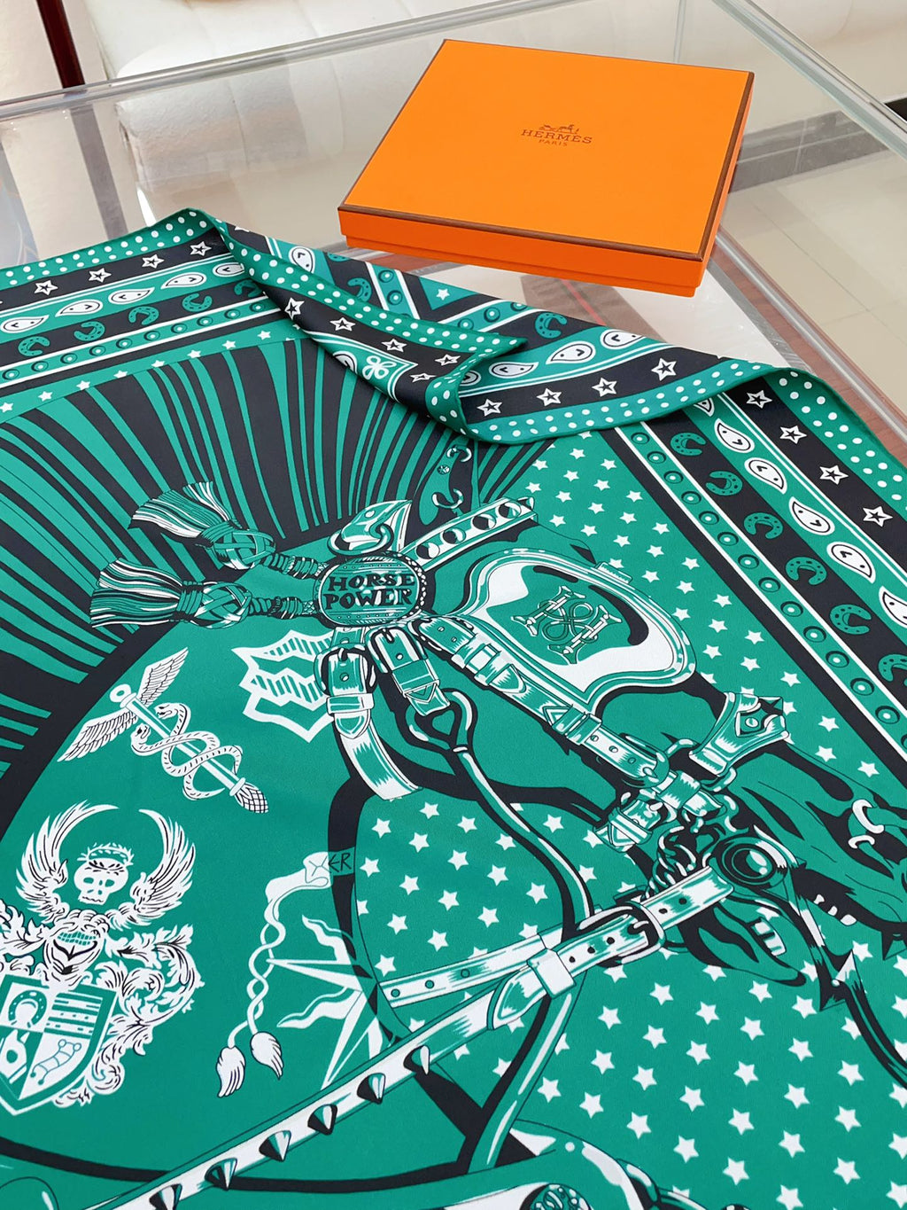 Cheval Punk Bandana Scarf 90 CM In Deep Green Mix White Black Silk Twill 309212