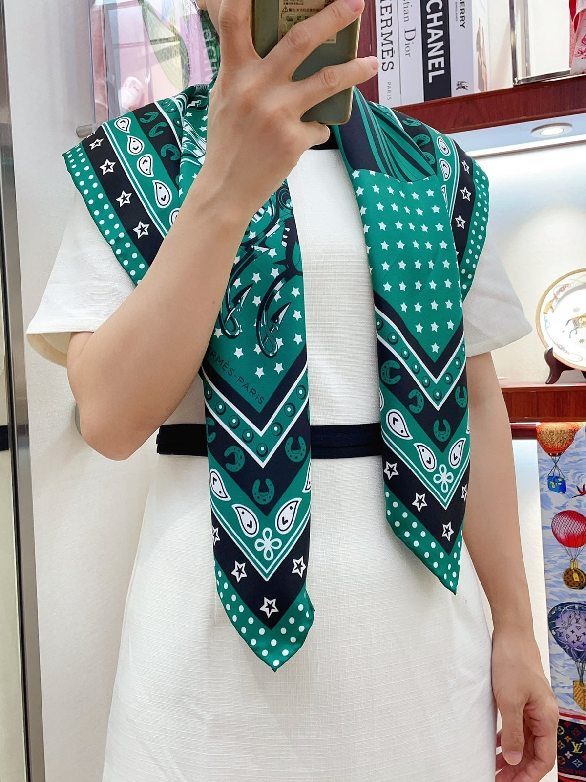 Cheval Punk Bandana Scarf 90 CM In Deep Green Mix White Black Silk Twill 309212