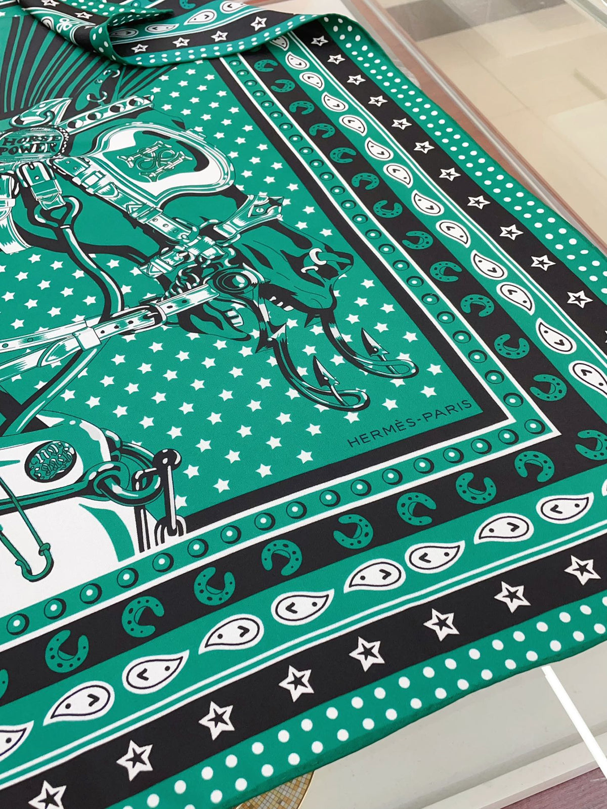 Cheval Punk Bandana Scarf 90 CM In Deep Green Mix White Black Silk Twill 309212