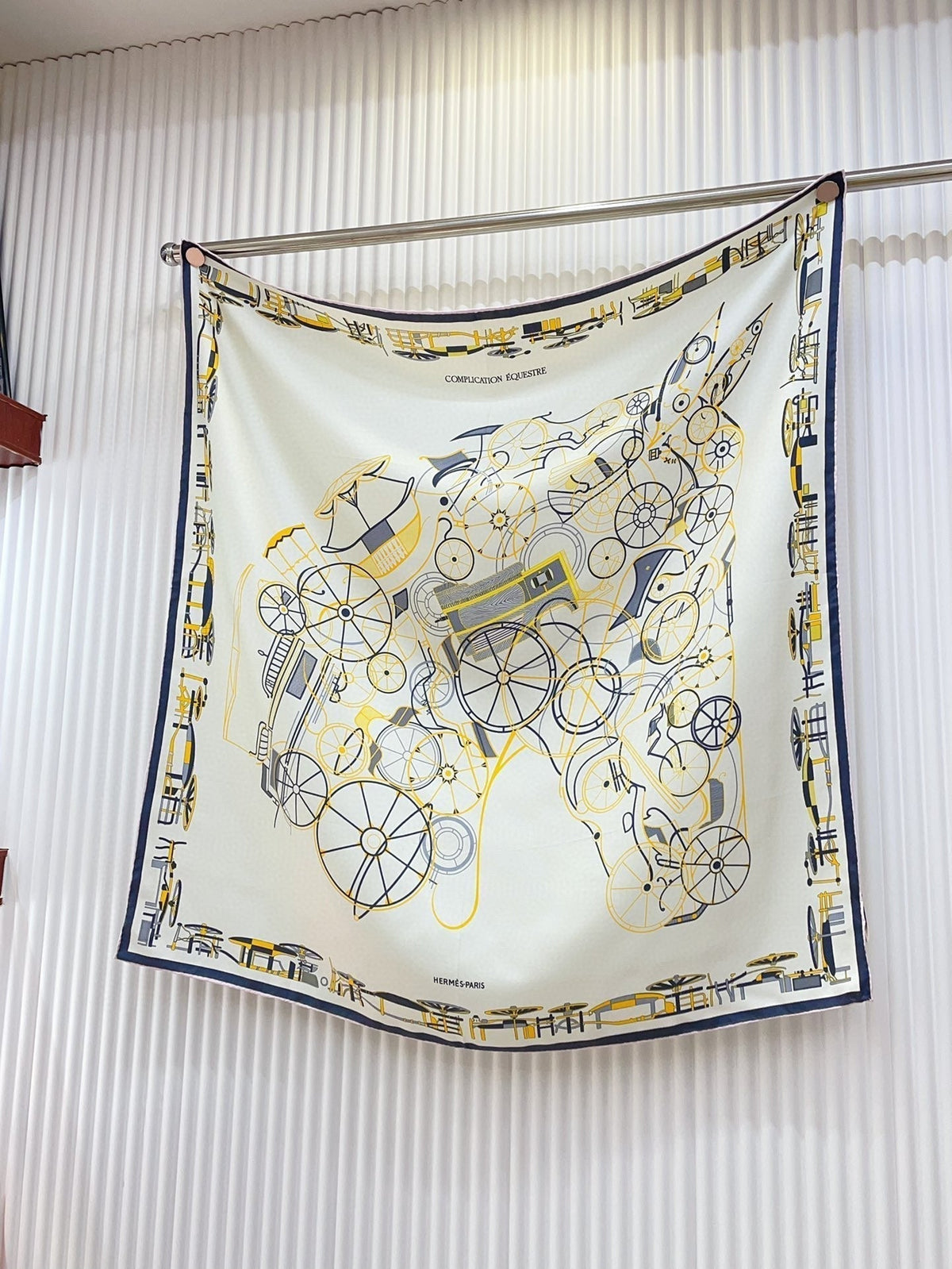 Complication Equestre Scarf 90 CM In White Yellow Coloful Silk Twill  345898