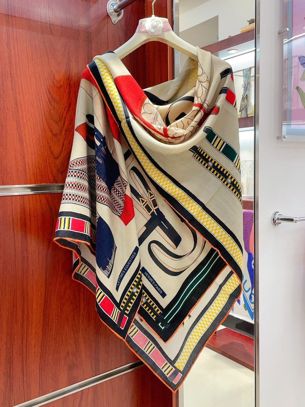 HM Lettres Equestre Scarf 140 CM In White Colorful Cashmere And Silk 359399