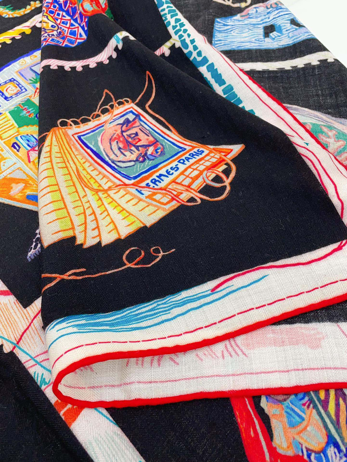 Chevaloscope Scarf 140 CM In Black Colorful Cashmere And Silk 373661