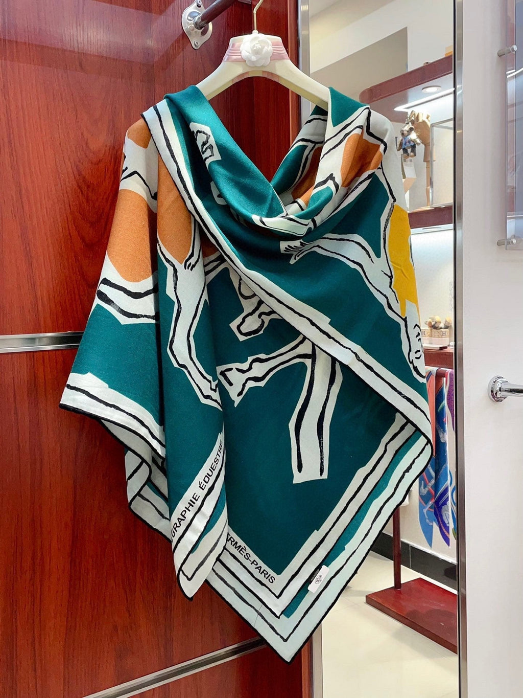 Choregraphie Equestre Scarf 140 CM Teal Blue Colorful Cashmere And Silk 393171