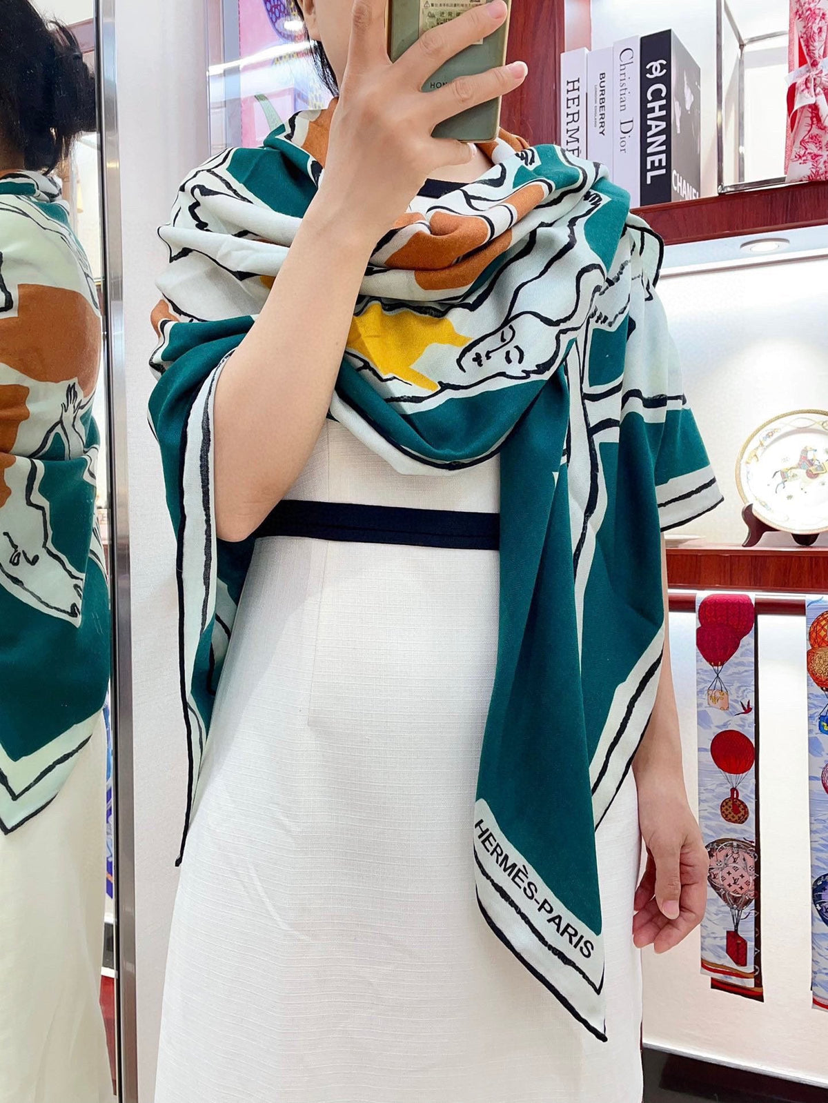 Choregraphie Equestre Pareo Scarf 140 CM Teal Blue Colorful Cashmere And Silk 393171