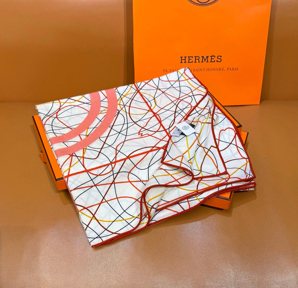 HM Brides de Gala au Fil de Soie Scarf 140x140cm Pink Orange White Silk Cashmere 269486