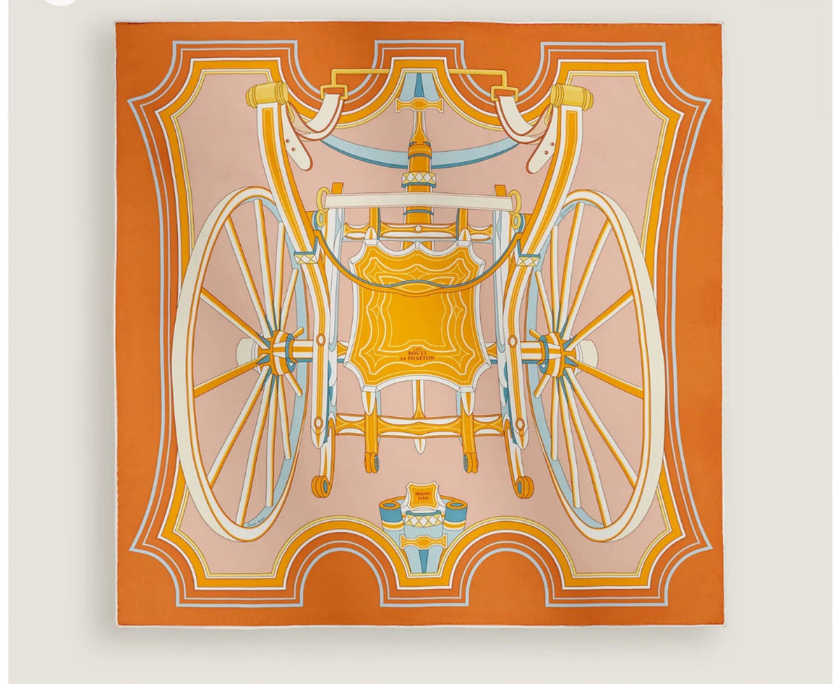 HM Les Roues de Phaeton Scarf 140x140cm Orange Yellow Silk Cashmere 269483