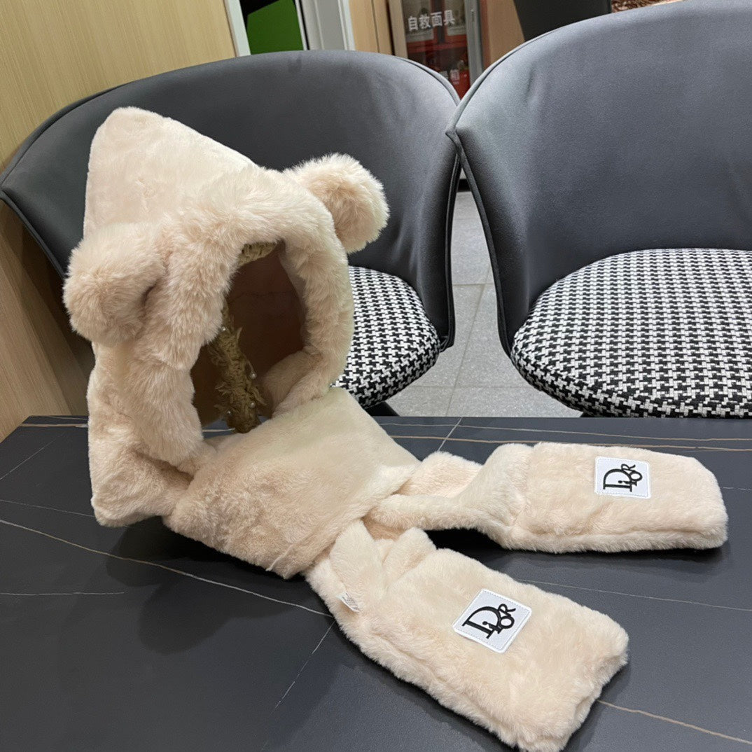 PLUSH WARM HAT IN BEIGE RABBIT FUR WITH FOX EARS 439588