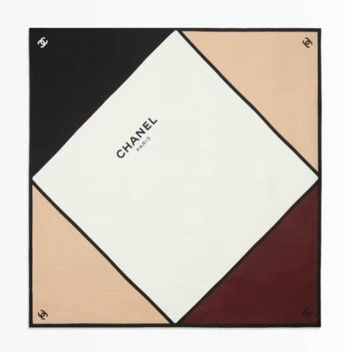 CC Scarf 90x90 Ecru. Beige. Burgundy & Black Silk Twill 204025
