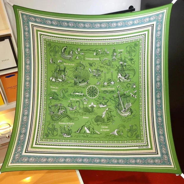 HM 26ss Amazon Scarf 90 Green Colorful Twill Silk 126340