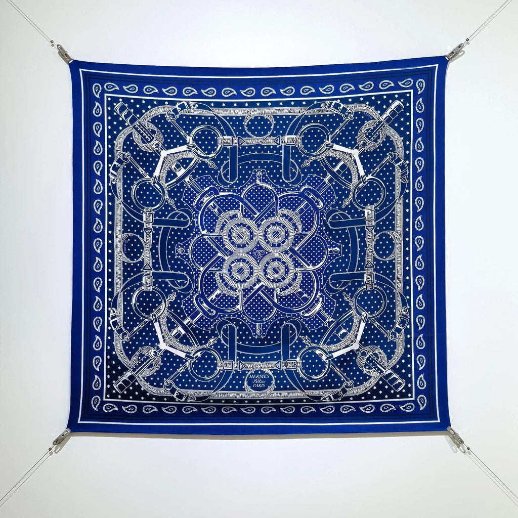HM 26s Horse Scarf 90 Dark Blue Colorful Cashmere Silk 138043