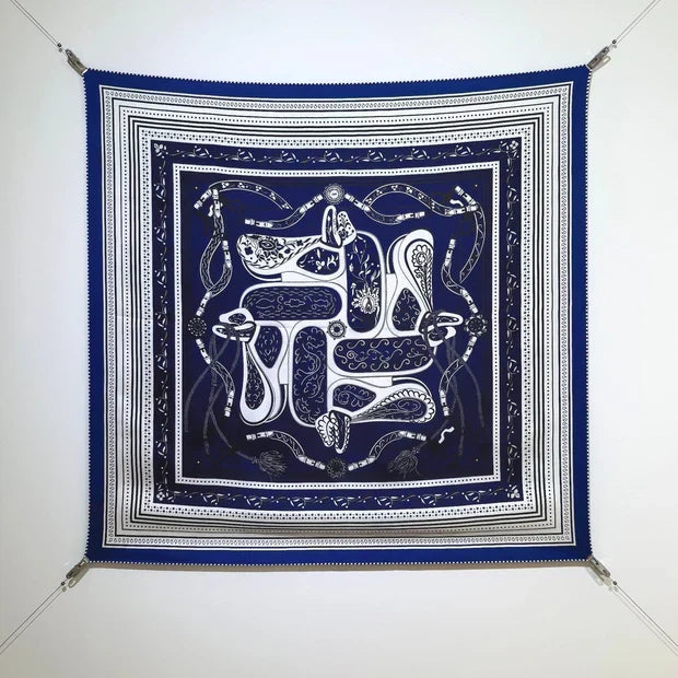 HM 26ss Amazon Scarf 90 Dark Blue White Twill Silk 132411