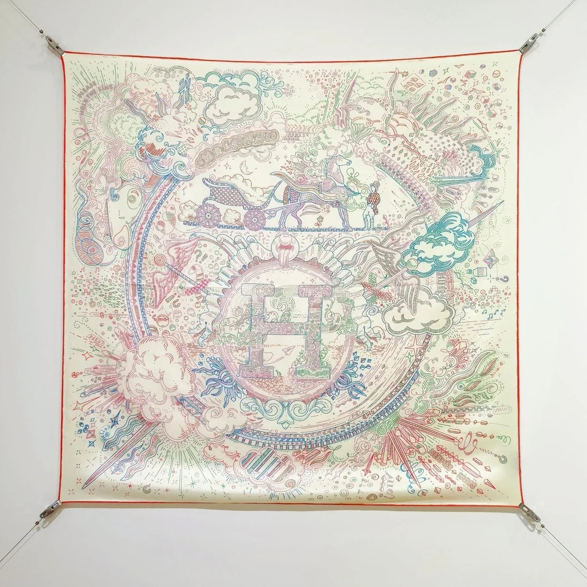 HM 26s 90 Double Sided Scarf Beige Colorful Mulberry Silk 145748