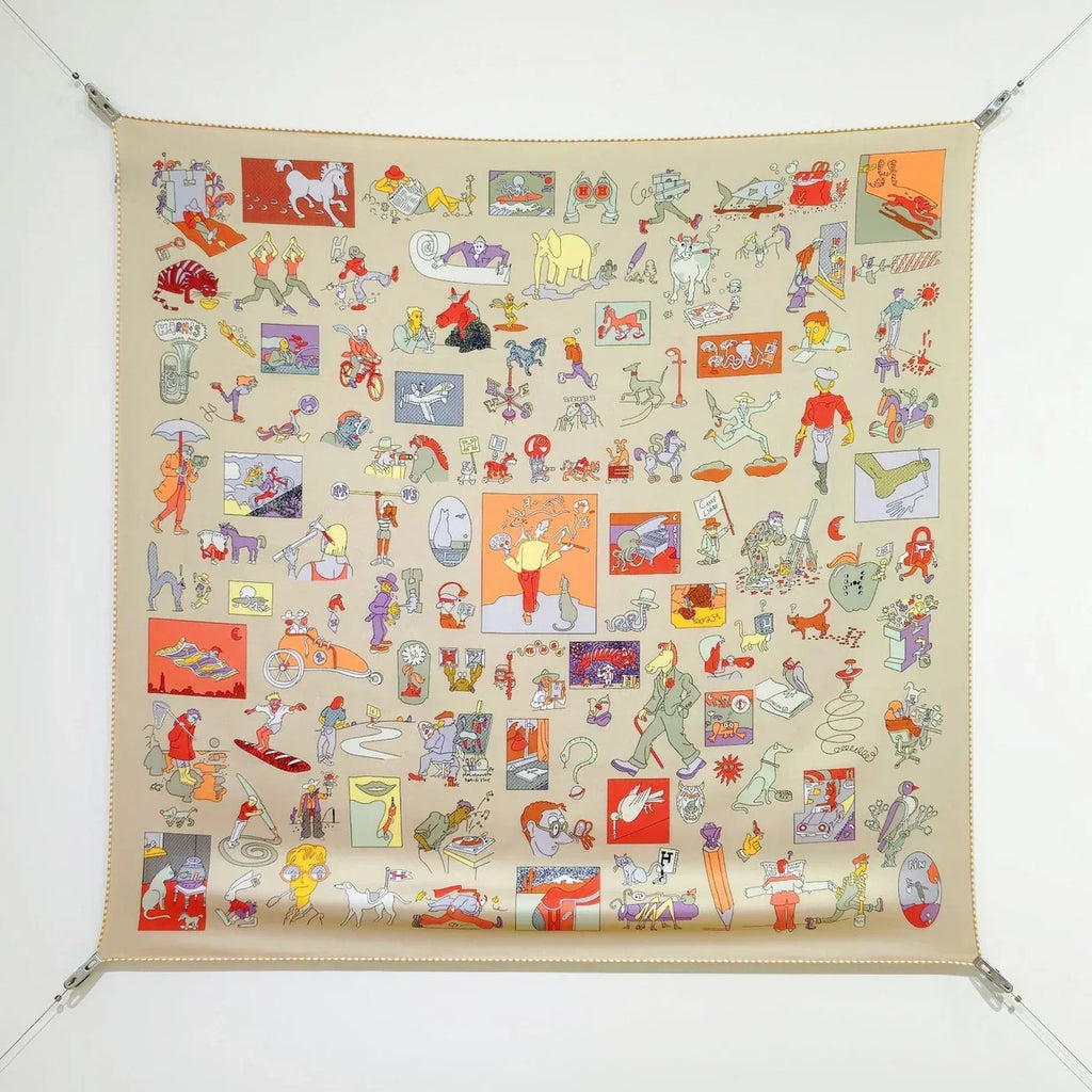HM 26s Horse Scarf 90 Beige Colorful Cashmere Silk 139213