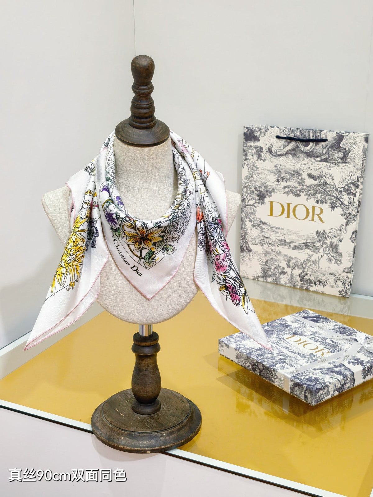 CD Astral Flowers Scarf 90x90 White Colorful Twill Silk 219474