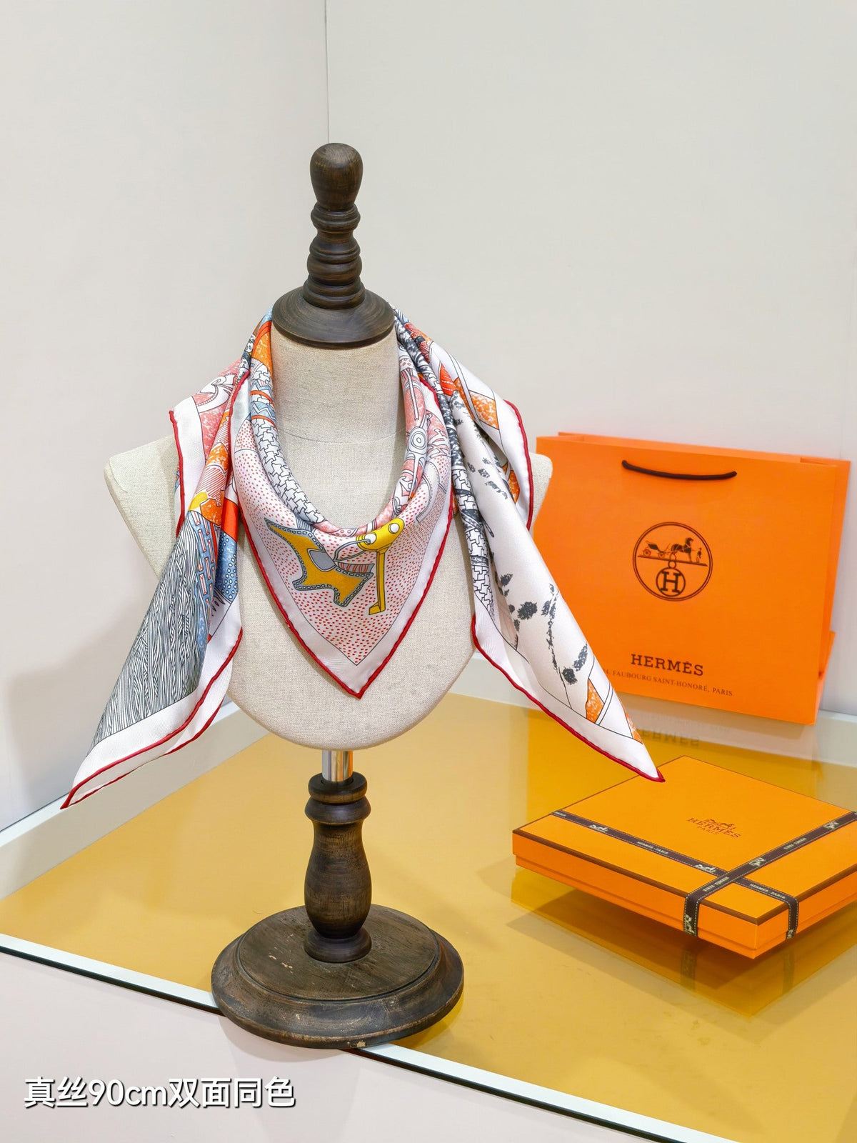 HM Rendez-Vous Chez Scarf 90x90 Orange Colorful Twill Silk 212042