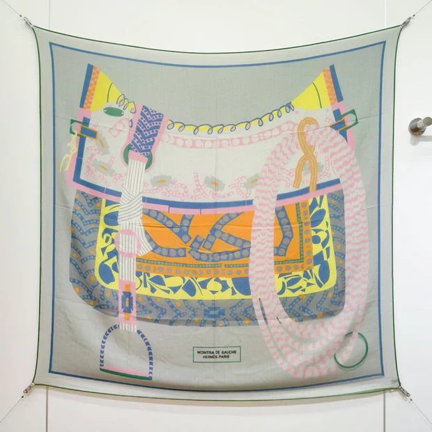 HM 26ss Amazon Scarf 90 Gray Blue Pink Colorful Twill Silk 130310