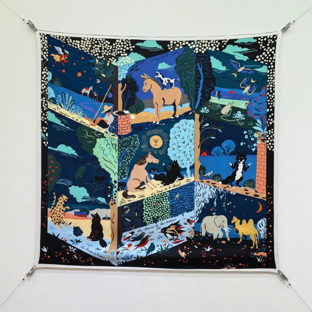 HM 26ss Amazon Scarf 90 Black Blue Colorful Twill Silk 130286