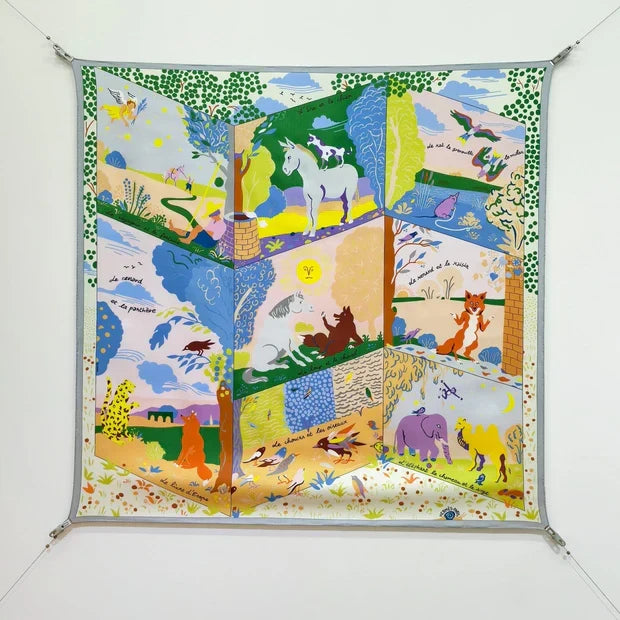 HM 26ss Amazon Scarf 90 Green Blue Colorful Twill Silk 130287