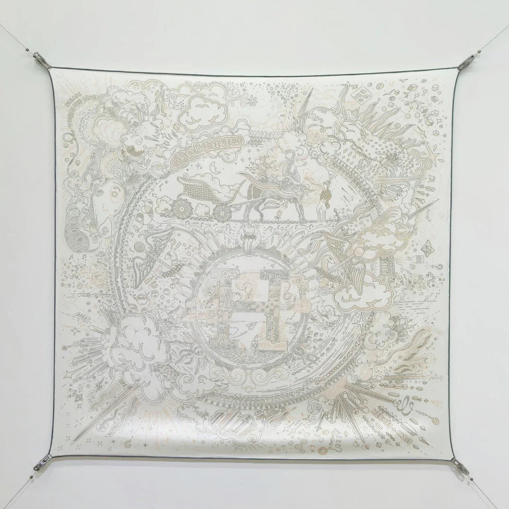 HM 26s 90 Double Sided Scarf White Gray Colorful Mulberry Silk 145752