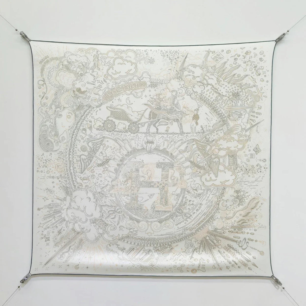 HM 26s 90 Double Sided Scarf White Gray Colorful Mulberry Silk 145752