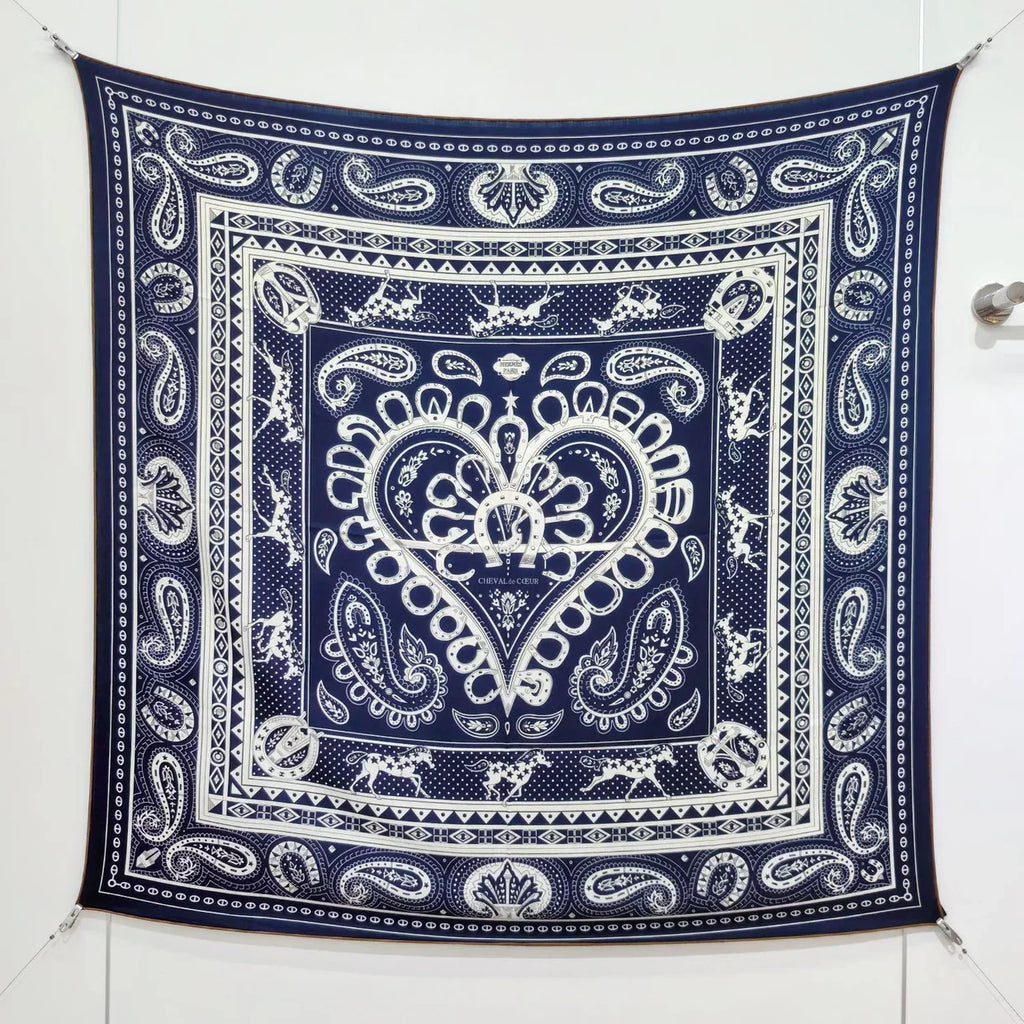 HM 26s Heart Horse Scarf 140 Navy Blue Cashmere Silk 139236
