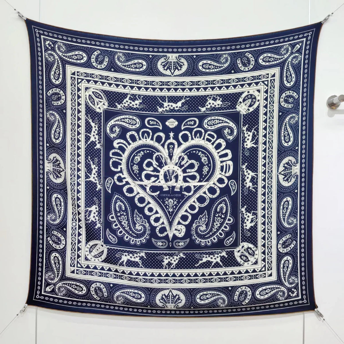 HM 26s Heart Horse Scarf 140 Navy Blue Cashmere Silk 139236