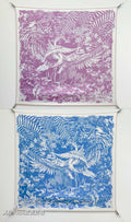 HM Flamingo Party Tattoo Double Face Scarf 90 Pink Blue Twill Silk 194439