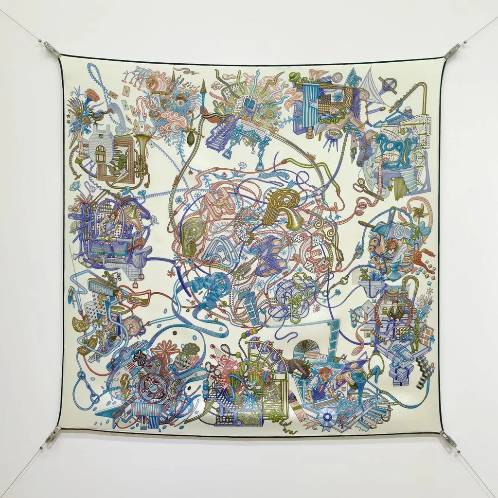 HM 26ss Amazon Scarf 90 Blue White Colorful Twill Silk 126320