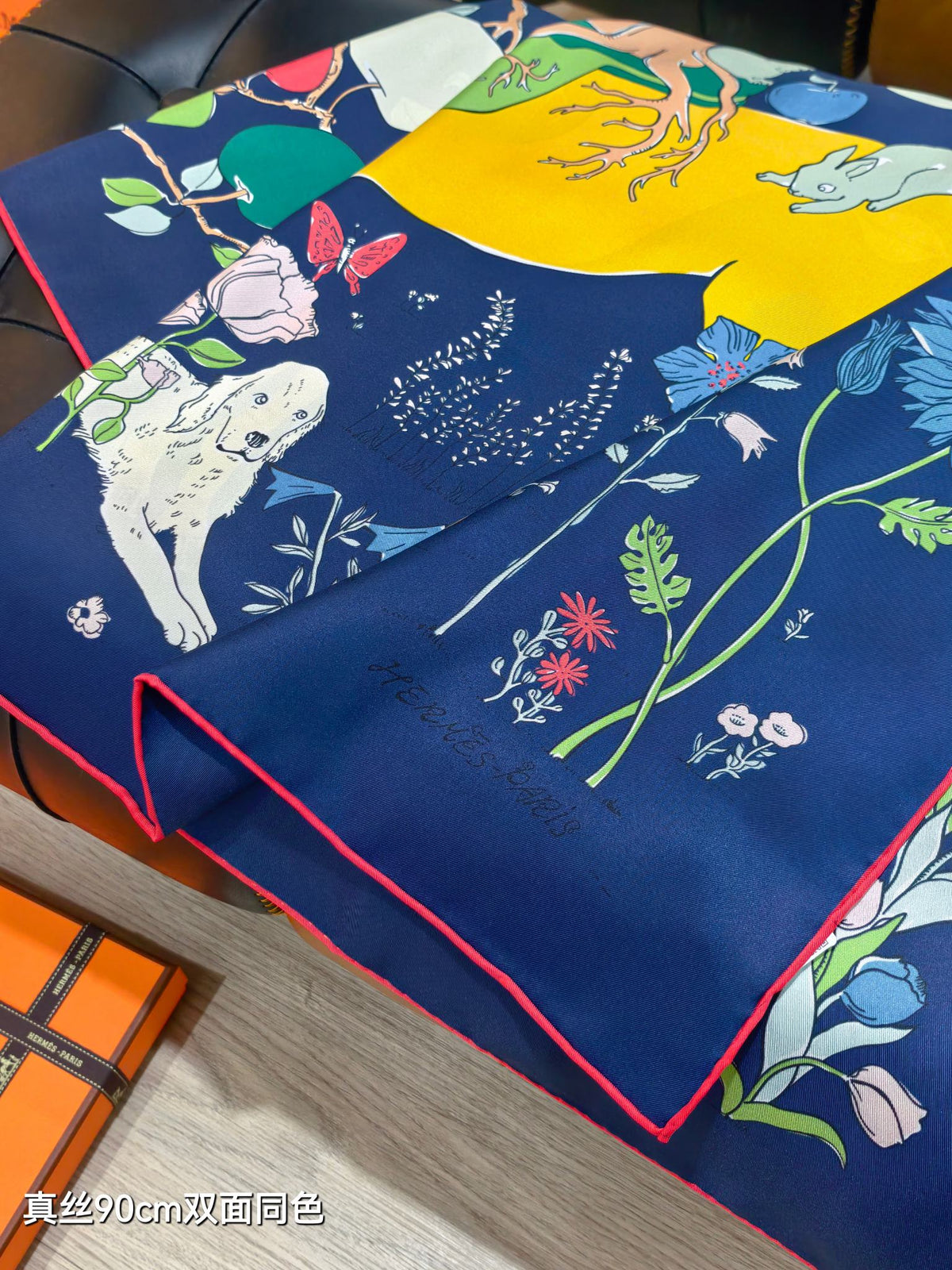 HM Le Pommier Sellier Scarf 90x90cm Dark Blue Silk Twill 223458