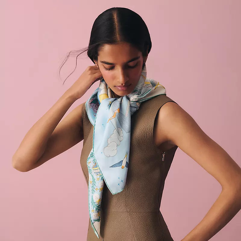 HM Poetic Journey Scarf 90x90cm Light Blue Colorful Silk Twill 209970