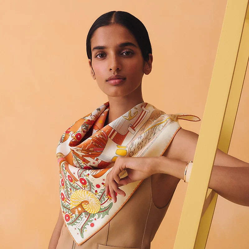 HM Poetic Journey Scarf 90x90cm Orange Colorful Silk Twill 209971
