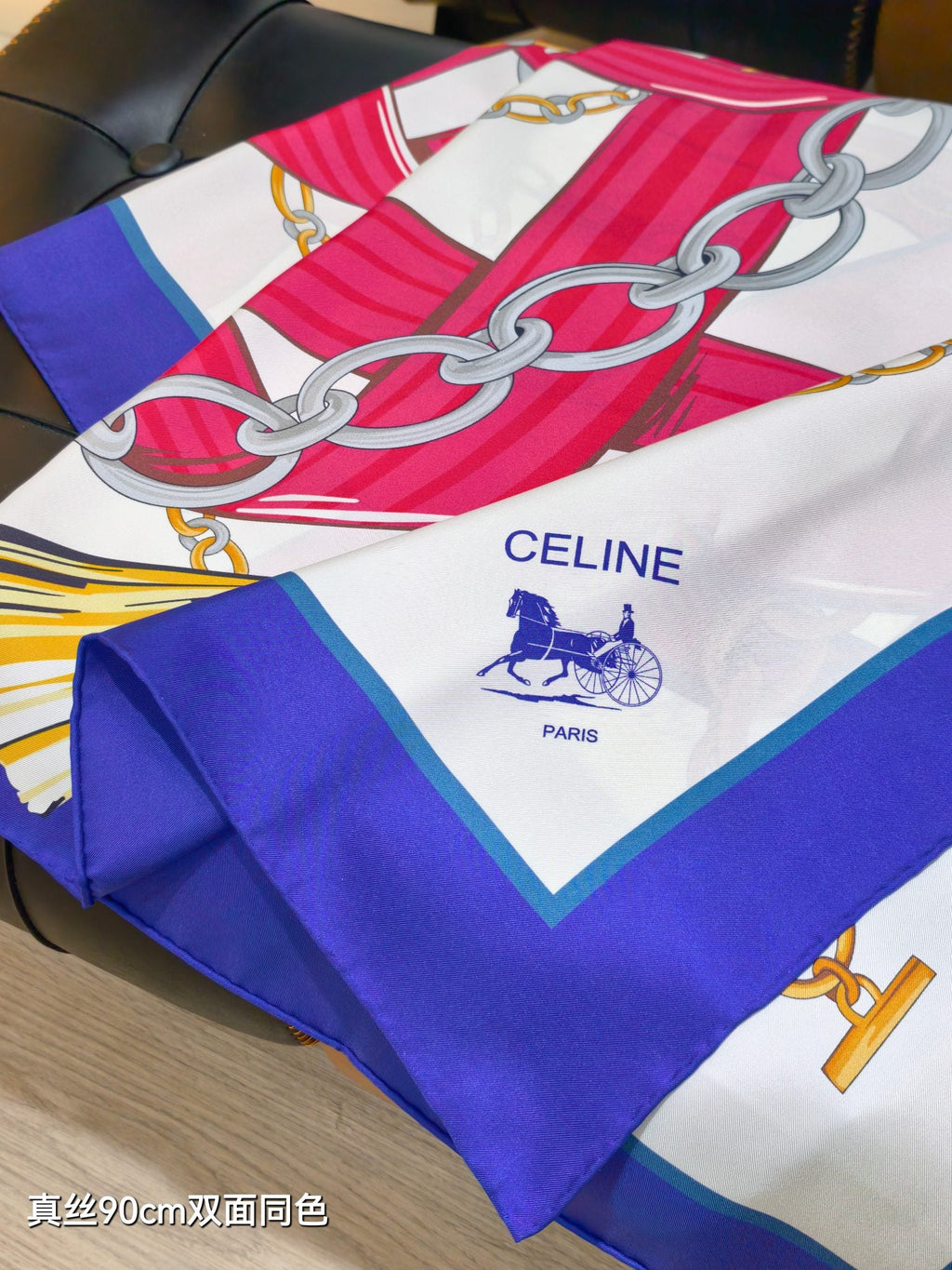 Celine 90x90cm Scarf  Navy Blue Colorful Silk Twill 209977