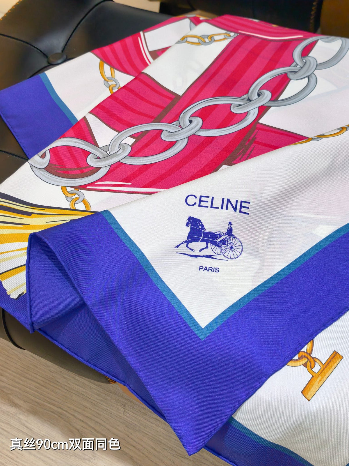 Celine 90x90cm Scarf  Navy Blue Colorful Silk Twill 209977