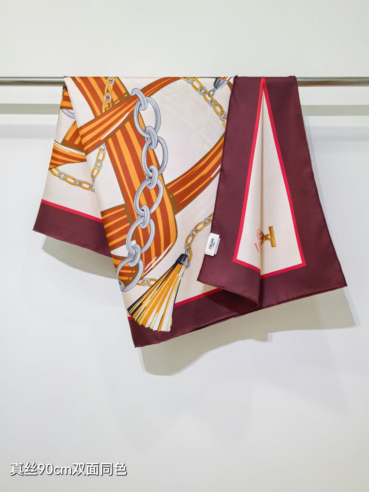 Celine 90x90cm Scarf Burgundy Colorful Silk Twill