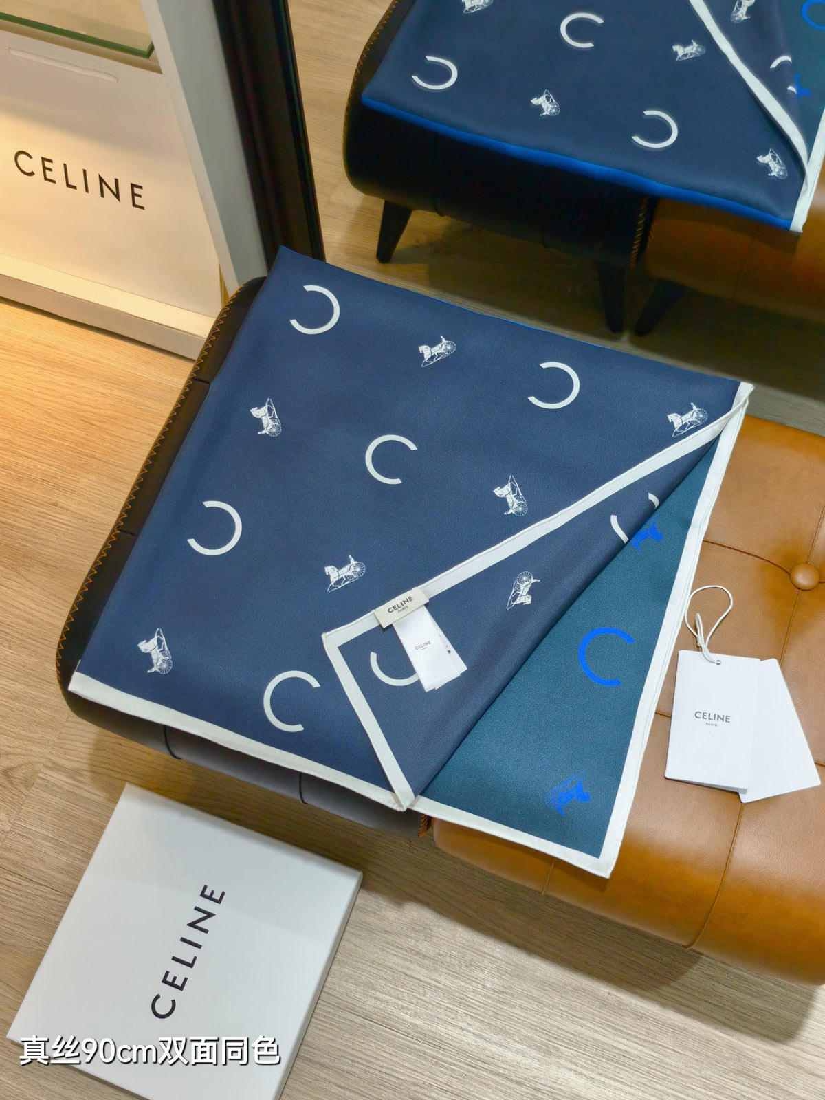 Celine Scarf 90x90 Blue Black Twill Silk 212080