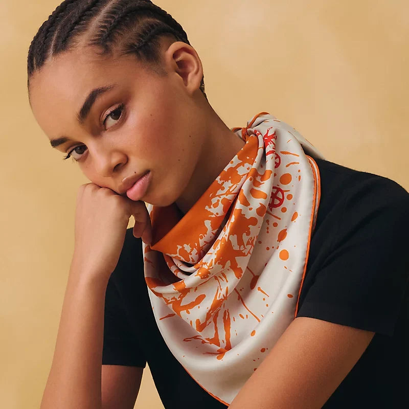 HM Cheval Surprise Scarf 90x90cm Orange Silk Twill 223464