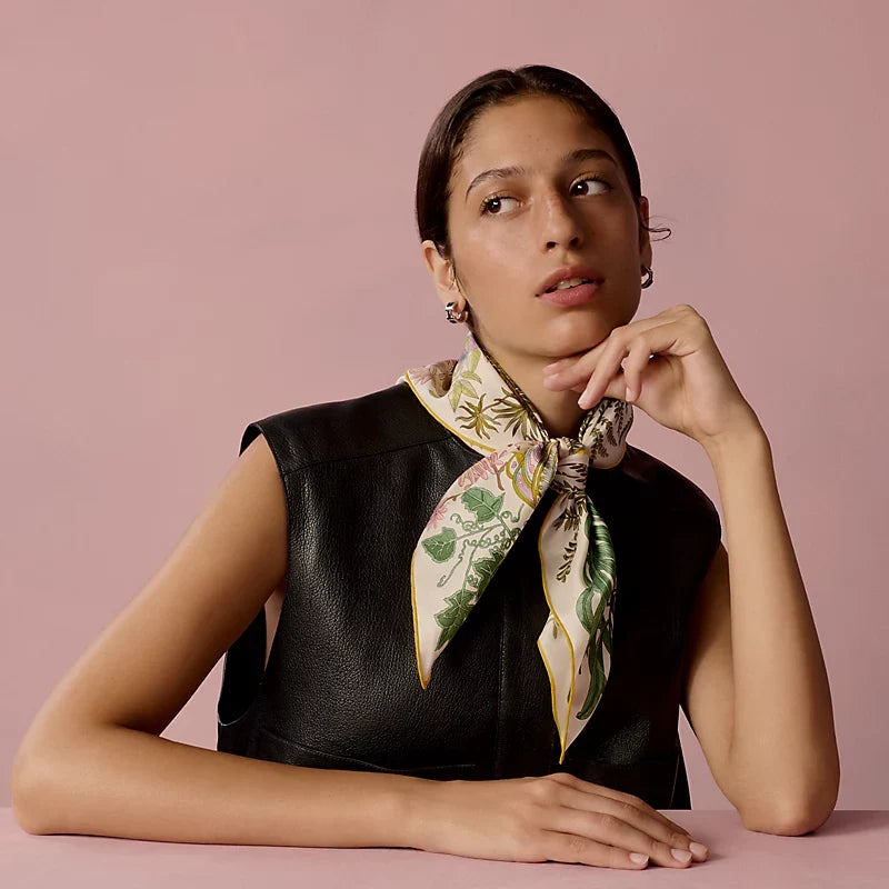 HM Le Jardin des Peintres Double Face Scarf 90x90cm Green Colorful Silk Twill 223474