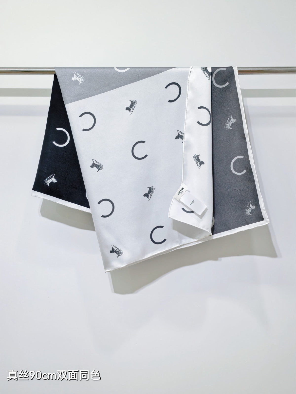 Celine Scarf 90x90 Black White Twill Silk 212082