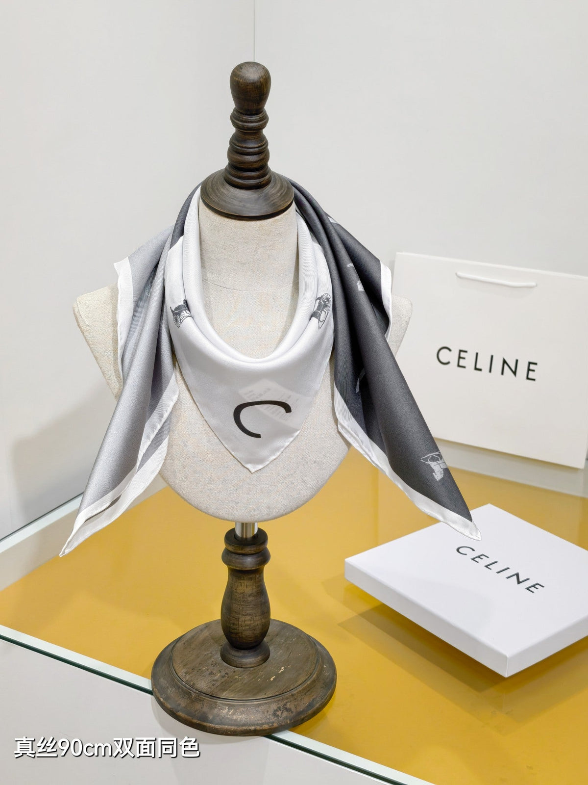 Celine Scarf 90x90 Black White Twill Silk 212082