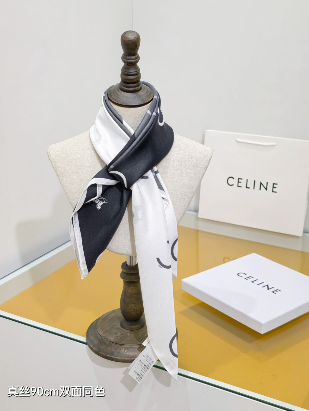 Celine Scarf 90x90 Black White Twill Silk 212082