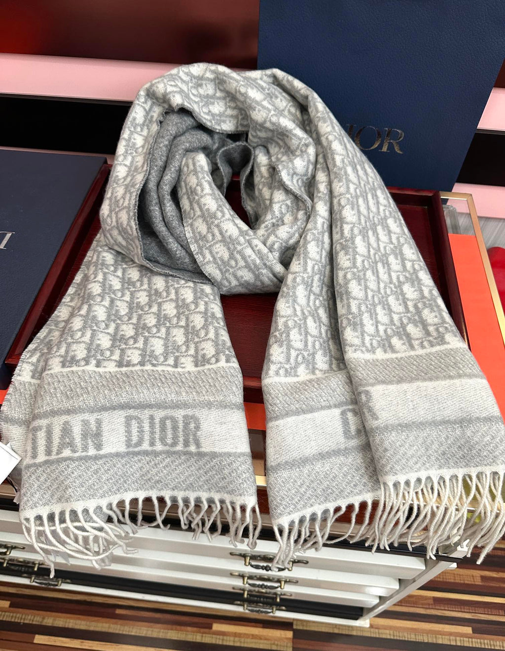 CD Oblique Print Scarf 200CM Gray White Wool 292981