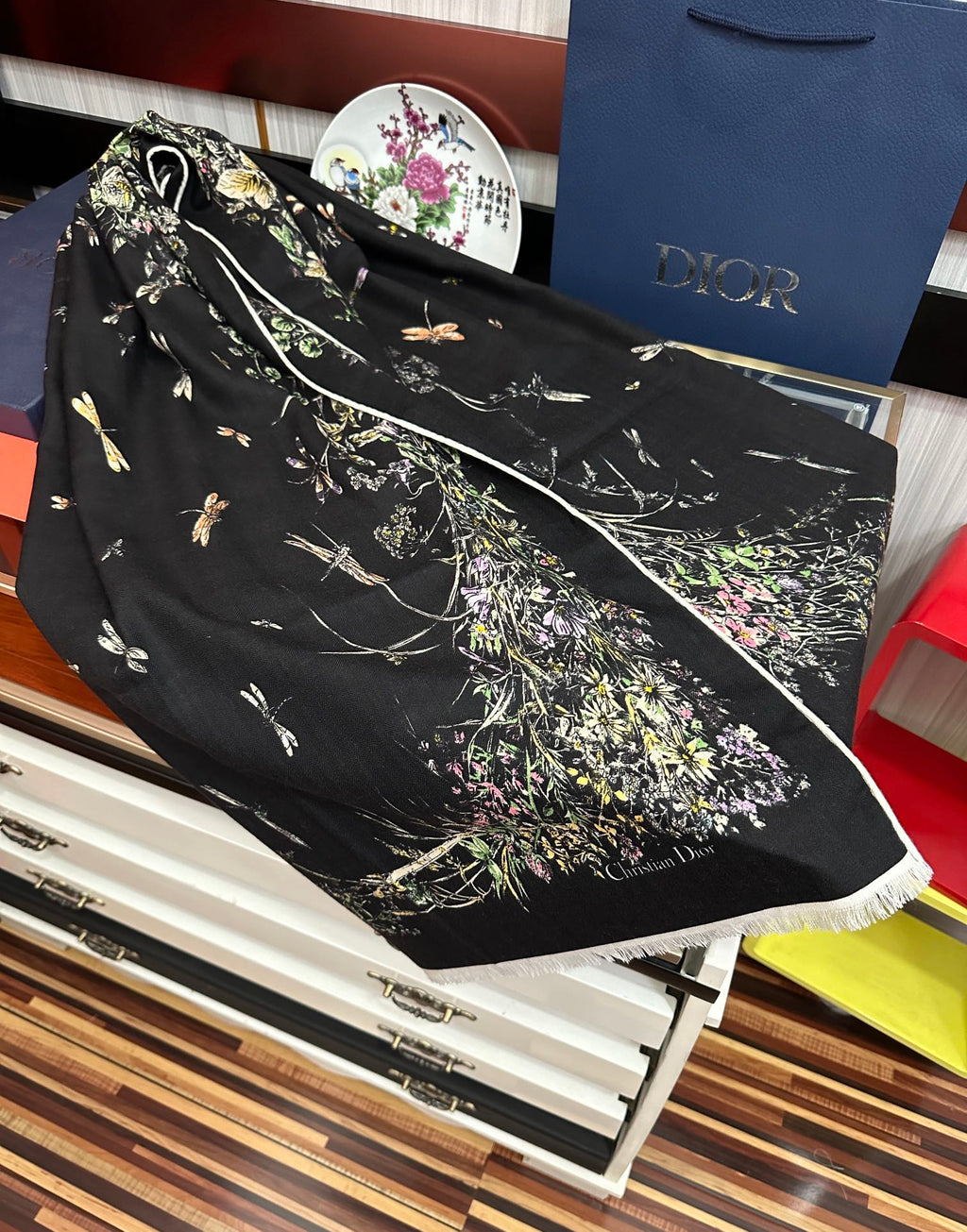 CD Double-Sided Scarf 185cm Black Multicolor Cashmere 153118