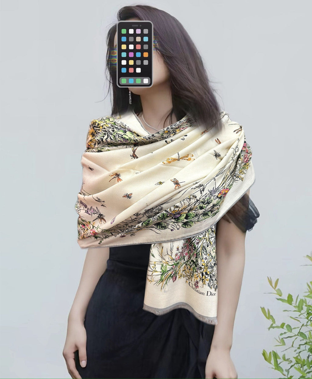 CD Double-Sided Scarf 185cm Ivory Multicolor Cashmere 153119