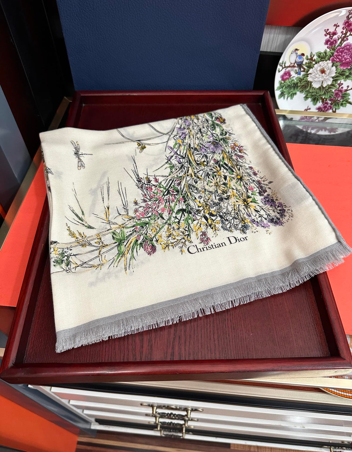 CD Double-Sided Scarf 185cm Ivory Multicolor Cashmere 153119